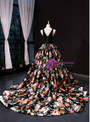 Impressive Black Ball Gown Satin Lace Print V-neck Prom Dress With Beading