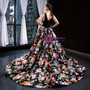 Impressive Black Ball Gown Satin Lace Print V-neck Prom Dress With Beading