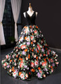 Impressive Black Ball Gown Satin Lace Print V-neck Prom Dress With Beading