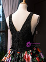 Impressive Black Ball Gown Satin Lace Print V-neck Prom Dress With Beading