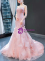 Sexy Pink Mermaid Tulle Sweetheart Sleeveless Pleats Appliques Prom Dress