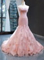 Sexy Pink Mermaid Tulle Sweetheart Sleeveless Pleats Appliques Prom Dress