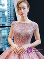 Beautiful Pink Satin Embroidery Appliques Sequins Cap Sleeve Backless Prom Dress