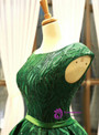 Modest Green Ball Gown Lace Sequins Backless Cap Sleeve Long Prom Dress