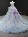 Unique Blue Ball Gown Tulle Sweetheart Sleevelss Princess Prom Dress With Train