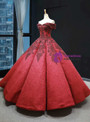 Burgundy Ball Gown Lace Off the Shoulder Appliques Beading Floor Length Prom Dress