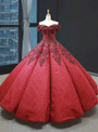 Burgundy Ball Gown Lace Off the Shoulder Appliques Beading Floor Length Prom Dress
