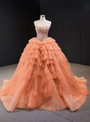 Orange Tulle Ball Gown Sequins Sweetheart Sweet 16 Floor Length Prom Dress