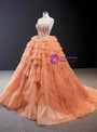 Orange Tulle Ball Gown Sequins Sweetheart Sweet 16 Floor Length Prom Dress