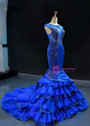 Sexy Royal Blue Mermaid Satin Tulle Backless Beading Prom Dress
