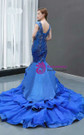 Sexy Royal Blue Mermaid Satin Tulle Backless Beading Prom Dress