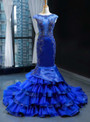 Sexy Royal Blue Mermaid Satin Tulle Backless Beading Prom Dress