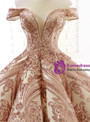 Champagne Gold Ball Gown Sequins Off The Shoulder Floor Length Wedding Dress
