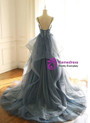 Blue Spaghetti Straps V-neck Lace Appliques Tulle Floor Length Prom Dress