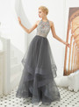 Popular Gray Tulle Halter Backless Beading Flower Floor Length Prom Dress