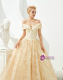 Distinctive Champagne Tulle Sequins Off the Shoulder Sleeveless Floor Length Prom Dress