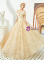 Distinctive Champagne Tulle Sequins Off the Shoulder Sleeveless Floor Length Prom Dress