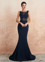 Romantic Navy Blue Mermaid Bateau Backless See Through Beading Prom Dress