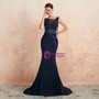 Romantic Navy Blue Mermaid Bateau Backless See Through Beading Prom Dress