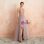 Brilliant Sexy Pink Tulle V-neck Backless Beading Sequins Floor Length Prom Dress
