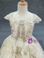 Luxurious Champagne Tulle Cap Sleeve Backless Flower Girl Dress With Pearls