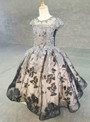 Glamorous Champagne And Black Tulle Cap Sleeve Appliques Beading Flower Girl Dress