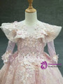 Princess Pink Ball Gown Tulle Appliques Long Sleeve Flower Girl Dress With Beading