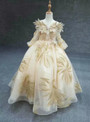 Fancy Champagne Ball Gown Tulle Gold Long Sleeve Spaghetti Straps Beaidng Sequins Flower Girl Dress