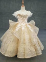Popular Gold Sequins Appliques Backless Long Flower Girl Dress