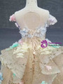 Gold Ball Gown Sequins Backless Colorful 3D Flower Cap Sleeve Flower Girl Dress
