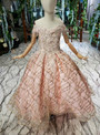 Pink Ball Gown Tulle Sequins Appliques Off the Shoulder Flower Girl Dress With Beading
