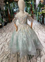 Gray Ball Gown Tulle Sequins Short Sleeve Embroidery Appliques Flower Girl Dress