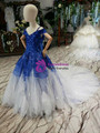 Blue And Gray Tulle Appliques Spaghetti Straps Off the Shoulder Flower Girl Dress With Long Train