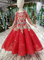 Luxurious Red Ball Gown Sequins 3/4 Sleeve Appliques Crystal Beading Flower Girl Dress