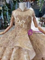 Champagne Gold Ball Gown Tulle Appliques High Neck Cap Sleeve Flower Girl Dress