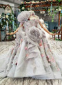 Gray Ball Gown Tulle 3D Flower Backless Beading Sequins Shawl Flower Girl Dress With Train