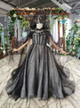 Black Ball Gown Tulle Sequins Off the Shoulder Flower Girl Dress With Shawl
