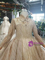 Fhshion Champagne Ball Gown Tulle High Neck Long Sleeve Beading Crystal Flower Girl Dress 