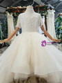 Champagne Ball Gown Tulle Hi Lo Short Sleeve High Neck Backless Beading Flower Girl Dress