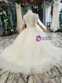 Champagne Ball Gown Tulle Hi Lo Short Sleeve High Neck Backless Beading Flower Girl Dress