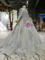 Silver Gray Ball Gown Tulle High Neck Long Sleeve Pearls Flower Girl Dress 