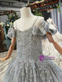 Gray Ball Gown Tulle Beading Sequins Spaghetti Straps Flower Girl Dress With Pearls