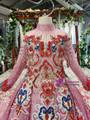 Pink Sequins High Neck Long Sleeve Embroidery Crystal Beading Flower Girl Dress With Long Train