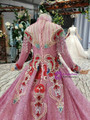 Pink Sequins High Neck Long Sleeve Embroidery Crystal Beading Flower Girl Dress With Long Train