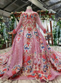 Pink Sequins High Neck Long Sleeve Embroidery Crystal Beading Flower Girl Dress With Long Train
