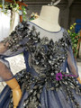 Navy Blue Tulle Sequins Long Sleeve Backless Appliques Sequins Flower Girl Dress