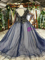 Navy Blue Tulle Sequins Long Sleeve Backless Appliques Sequins Flower Girl Dress