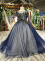 Navy Blue Tulle Sequins Long Sleeve Backless Appliques Sequins Flower Girl Dress