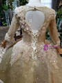 Princess Gold Ball Gown Sequins Long Sleeve Backless Appliques Beading Flower Girl Dress
