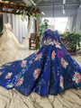Royal Blue Long Sleeve Tulle Sequins Appliques Beading Luxury Flower Girl Dress With Long Train